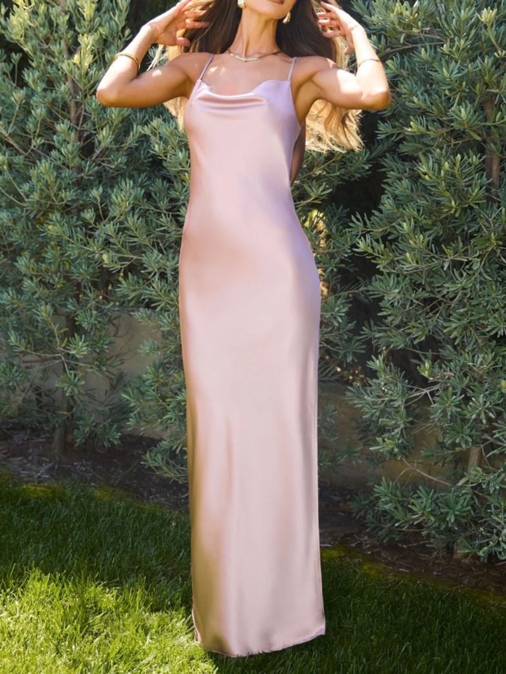 Pink Long Satin Cowl Neck Maxi Dress with Open Back & Adjustable Straps